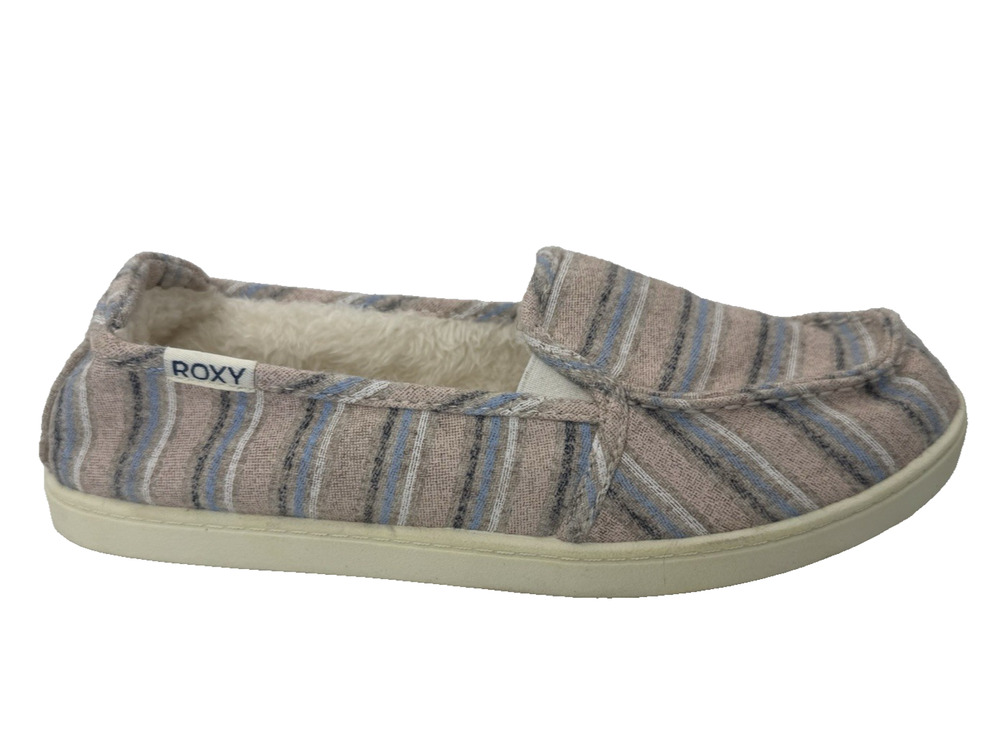 ROXY Minnow Fur Slip On Shoes 8.5 Pastel Stripe Faux Fur Lined Loafers NWOT